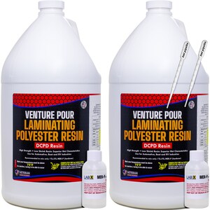 May include: Two white gallon jugs of Venture Pour Laminating Polyester Resin with DCPD Resin. Each jug has a red label with the product name and instructions. The label also includes a small American flag. Each jug is accompanied by a small bottle of LABX MEK-P hardener and a 3ml pipette.