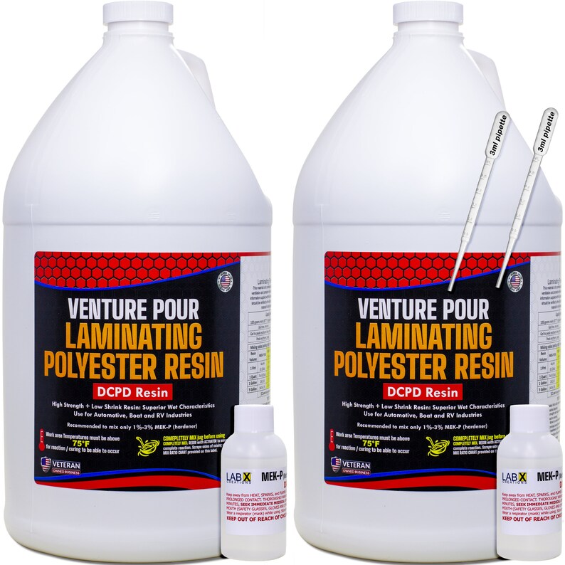 May include: Two white gallon jugs of Venture Pour Laminating Polyester Resin with DCPD Resin. Each jug has a red label with the product name and instructions. The label also includes a small American flag. Each jug is accompanied by a small bottle of LABX MEK-P hardener and a 3ml pipette.