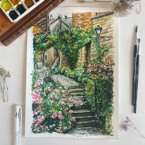 Pittura ad acquerello a tecnica mista A4, esplorando la natura all'interno di un piccolo vicolo francese