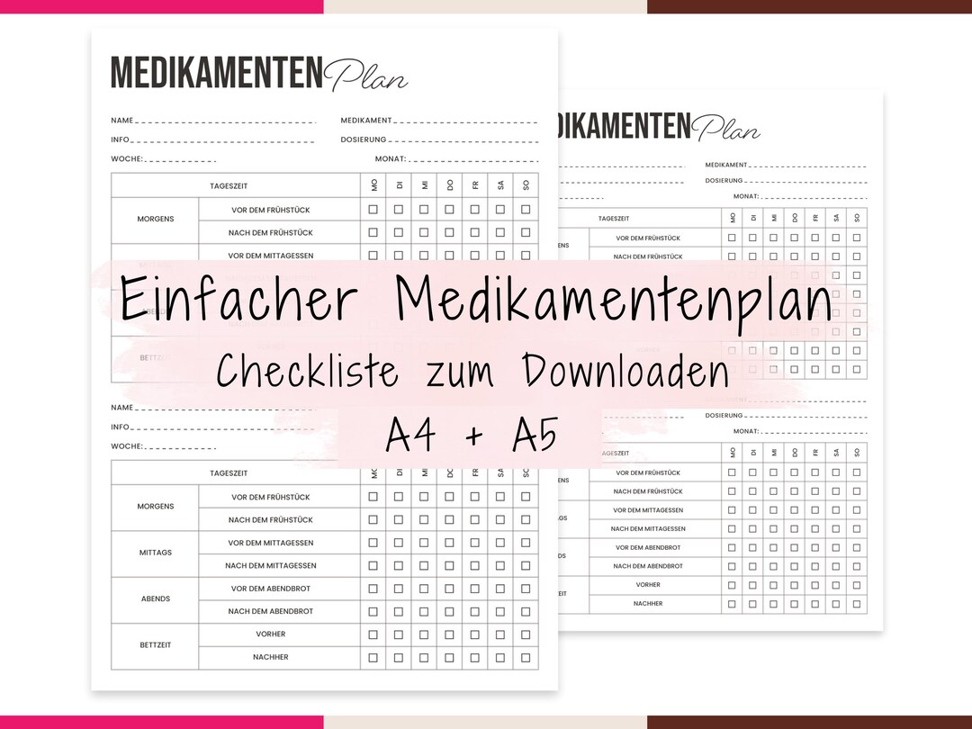 Medikamenten Plan A4 & A5, Einfacher Medikamentenplan zum Ausdrucken