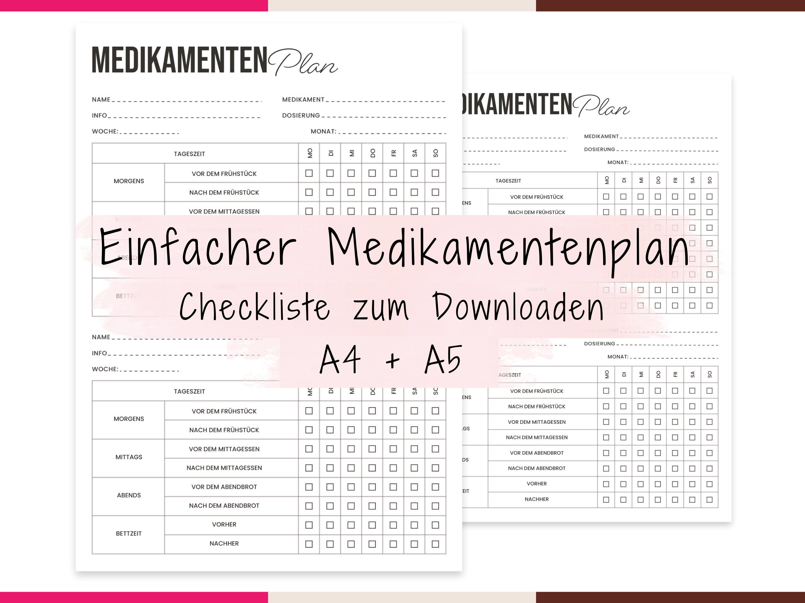 Medikamenten Plan A4 & A5, Einfacher Medikamentenplan zum Ausdrucken
