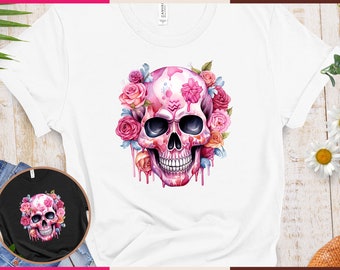 T-Shirt Skull Pink Flowers, Vintage Retro Shirt Ladies, White, Black, Women, Men, Unisex