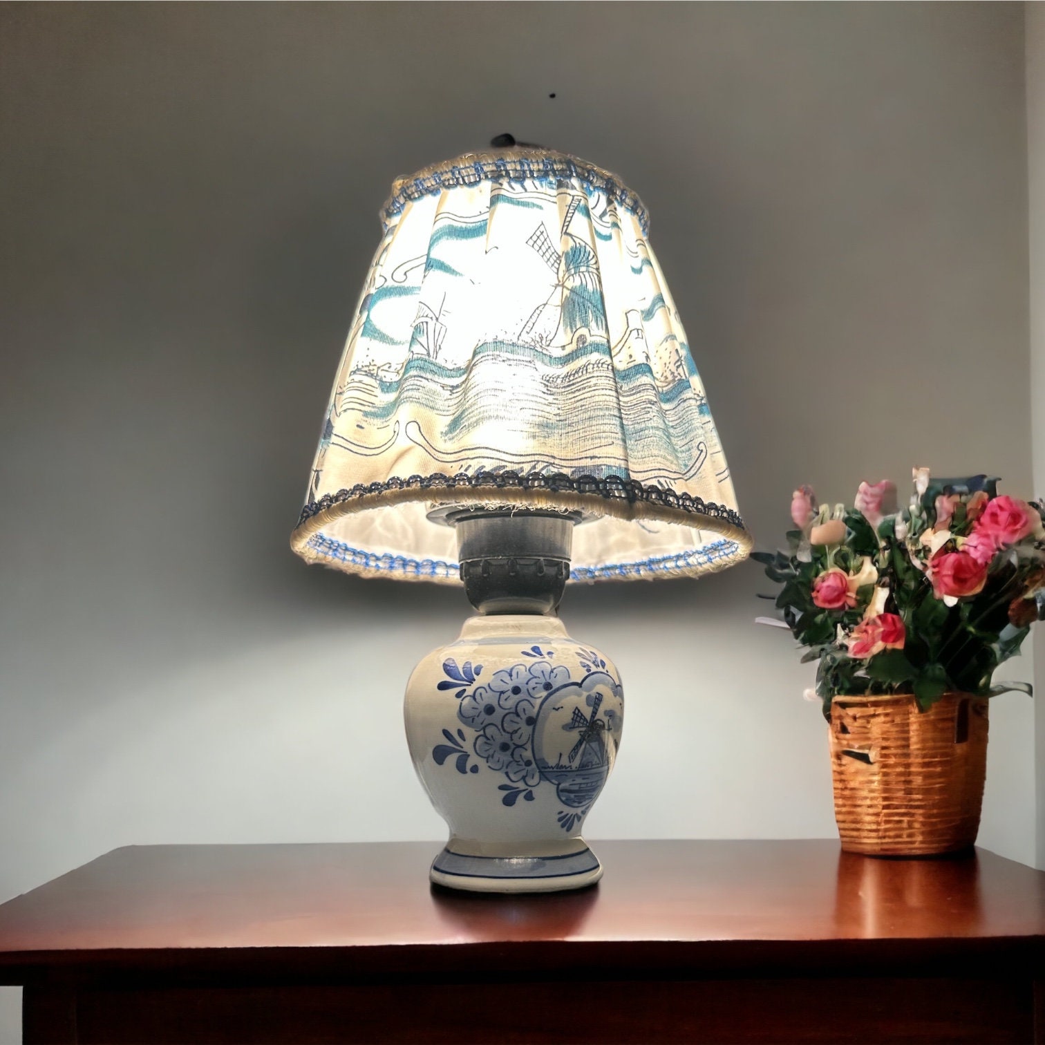 Vintage Small Blue Delft Table Lamp With Original Matching Etsy