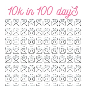 Puede incluir: Un gr&aacute;fico en blanco y negro de 100 sobres con cantidades en d&oacute;lares de $ 2 a $ 200. El texto "10k en 100 d&iacute;as" est&aacute; escrito en rosa en la parte superior de la imagen.