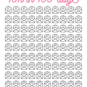 Puede incluir: Un gr&aacute;fico en blanco y negro de 100 sobres con cantidades en d&oacute;lares de $ 2 a $ 200. El texto "10k en 100 d&iacute;as" est&aacute; escrito en rosa en la parte superior de la imagen.