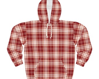 Red and Beige Buffalo Check Unisex Pullover Hoodie, Fall Holiday Outfits, Comfort, Large Front Pocket, Drawstring Hood,