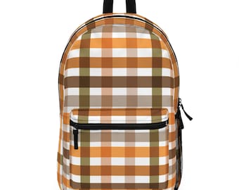 Backpack | Plaid Backpack | Check Flannel Print Bag | Brown Orange White | Waterproof