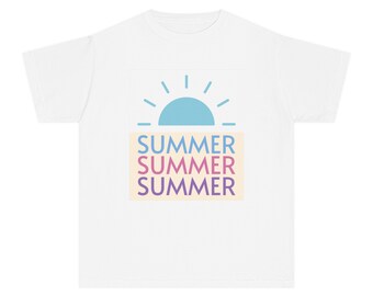 Youth Midweight Tee | Kids T-Shirt | Childrens Clothing | Boys Tee | Summer Outfits | White Blue and Pink Top | Gifts | Summer Graphic Print