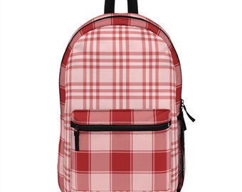 Plaid Backpack | Check Flannel Print Bag | Pink and Red | Waterproof