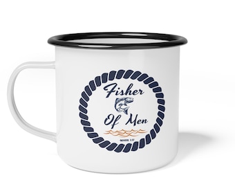 Enamel Fisher of Men Camp Cup / Christian Gifts / Faith Mug / Camping Gear / Coffee Mug / Outdoor Lover Gift / White and Blue / Christmas