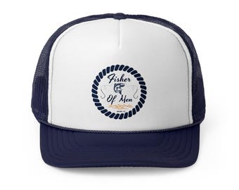 Fisher of Men Trucker Cap / Christian Merchandise / Christian Gifts / Faith / Camping Gear / Blue and White / Hats