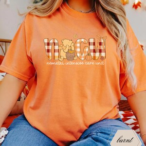 May include: Burnt orange t-shirt with the letters NICU in a plaid pattern, featuring a cartoon bear with a honey pot and a pumpkin. The text "neonatal intensive care unit" is below the letters. The shirt is a burnt orange color.
