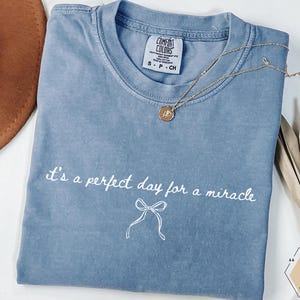 Op de afbeelding: Een blauw Comfort Colors T-shirt met de tekst "it's a perfect day for a miracle" in witte letters. Een gouden ketting met een hanger ligt op het shirt. Een bruine hoed en gedroogde planten zijn op de achtergrond.