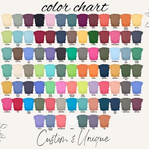 May include: Color chart showing 81 different colors of fabric. The colors are arranged in rows and columns. The colors are named in the chart. The text "Custom & Unique" is at the bottom of the chart.