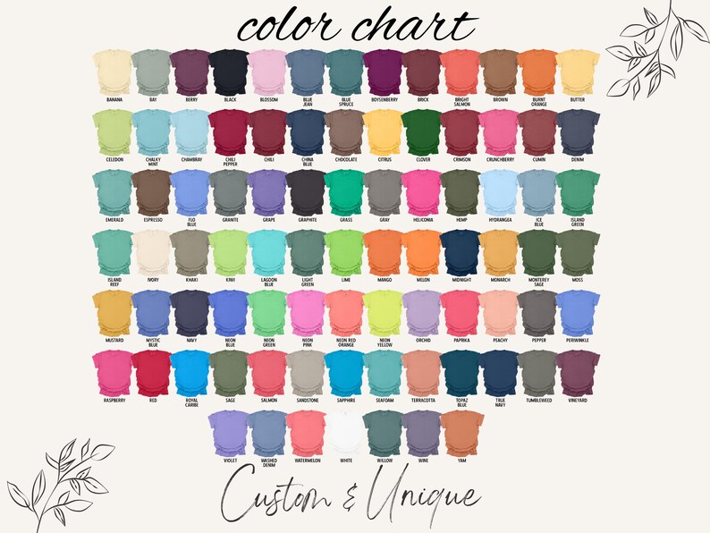 May include: Color chart showing 81 different colors of fabric. The colors are arranged in rows and columns. The colors are named in the chart. The text "Custom & Unique" is at the bottom of the chart.