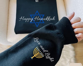 Maglione retrò di Hanukkah, Felice Hanukkah, Messaggio sulla manica di Amore e Luce, Felpa per le feste, Idee regalo di Hanukkah, Regalo di felpa religiosa