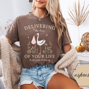 Op de afbeelding: Een bruin t-shirt met een afbeelding van een ooievaar die een baby draagt en de tekst "Delivering the love of your life Labor and Delivery".