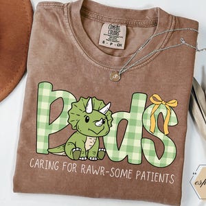 May include: A brown Comfort Colors t-shirt featuring the word "Peds" in a green and white plaid design, with a cartoon triceratops. The text "CARING FOR RAWR-SOME PATIENTS" is below. A silver necklace is on the shirt. The shirt is a size S-P-CH.