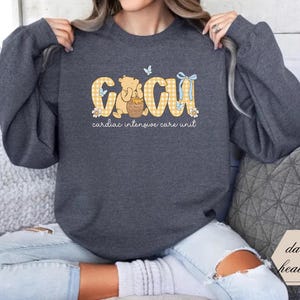 May include: Dark grey sweatshirt with a graphic reading "CCU cardiac intensive care unit". The design includes a Winnie the Pooh bear, honey pot, butterflies, and a yellow and white gingham pattern.
