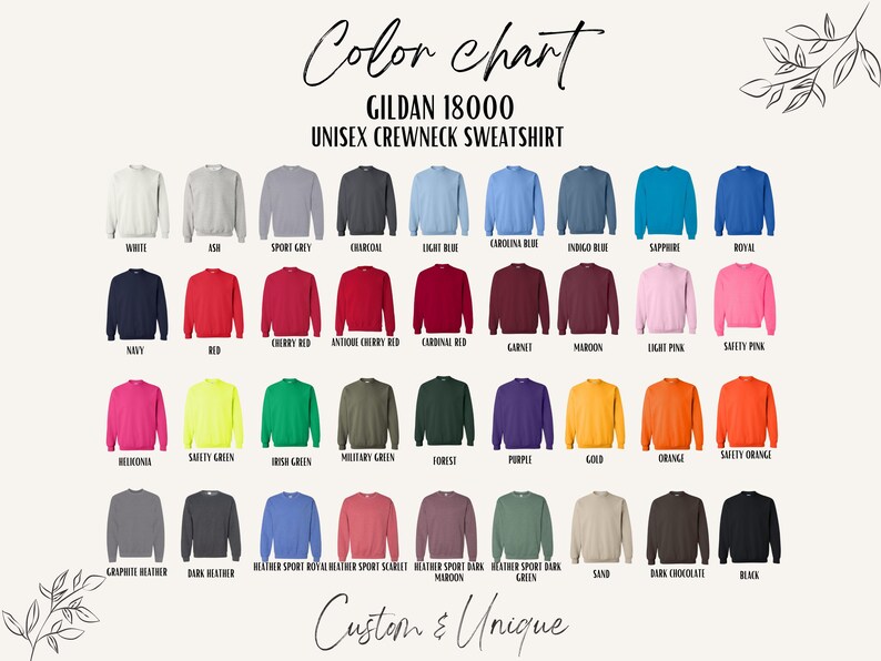 Pu&ograve; includere: Tabella colori di felpe girocollo unisex Gildan 18000 in vari colori, tra cui bianco, blu navy, rosso e nero. La tabella mostra anche tonalit&agrave; di blu, verde, viola e arancione. Il testo sull'immagine recita "Custom & Unique."