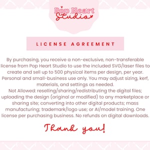 Puede incluir: Un gr&aacute;fico rosa y blanco con el texto "Pop Heart Studio" y "License Agreement". El texto detalla los t&eacute;rminos de uso de los archivos SVG/l&aacute;ser, incluido el uso personal y de peque&ntilde;as empresas, con restricciones sobre la reventa y la redistribuci&oacute;n. La imagen termina con "Thank you!"