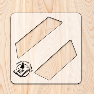 May include: A white wooden square with two black cut-out rectangles forming a diagonal pattern. The square has a black logo in the bottom left corner that says "Statedwoods Supply" with a stylized image of a router bit.