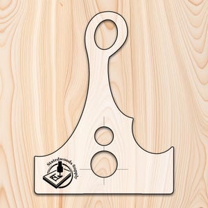 May include: A white wooden template with a cutout design for a woodworking project. The template has two circles and a larger oval cutout. The template is labeled "Statedwoods Supply".