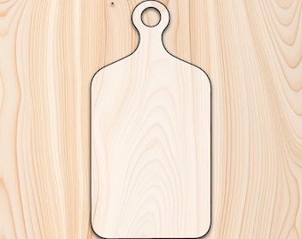 May include: A light-colored wooden cutting board with a handle. The board has a rectangular shape with rounded corners and a circular hole in the handle. The edges are outlined in black. The background is a light wood grain.