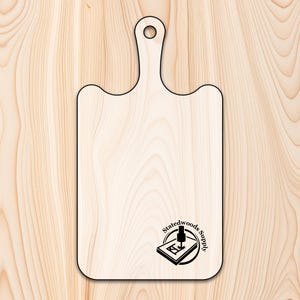 May include: A wooden chopping board with a handle, featuring a black and white logo that says "Statedwoods Supply" with a stylised image of a router bit.
