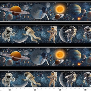 May include: A repeating pattern featuring planets, astronauts, and spacecraft against a dark blue space background. The design includes planets with rings, a bright sun, and astronauts in space suits. The overall theme is space exploration and the cosmos.