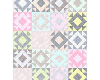 May include: A patchwork quilt with a repeating geometric pattern. The quilt features squares with diamond and triangle shapes in pastel colors including pink, blue, yellow, and gray. The quilt has a floral pattern in some of the squares.