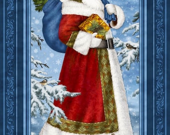 May include: A festive illustration of Santa Claus in a red and white suit, carrying a blue sack of gifts and a wrapped present. The scene is set in a snowy landscape with rabbits, birds, and snow-covered pine trees, framed by a blue decorative border.