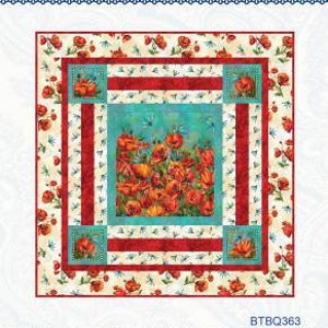 May include: A quilt with a floral design, featuring a central panel of orange poppies on a turquoise background. The quilt has red and white striped borders and is framed by a floral pattern. The text "Expanding Corners" is at the top.