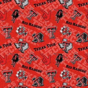 May include: Red fabric with a repeating pattern of Texas Tech University logos, the words "Texas Tech" and "Red Raiders", and a hand pointing up. The logos include the letter "T" and a horse.
