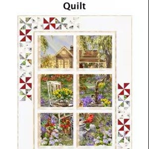 May include: A quilt pattern titled "Spring Window Quilt" with a white frame and a window design showing a garden scene. The quilt pattern has a ladybug logo and the text "Ladeebug Design Patterns for Quilters".