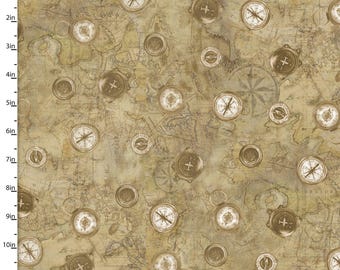 First in Flight by Michael Moon for 3 Wishes Compass and Map (22979-TAN) Sold by the Half Yard