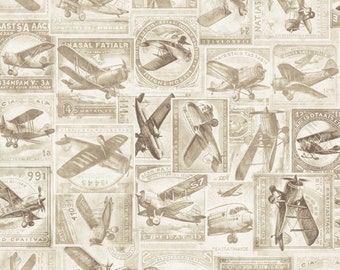 Flying High by QT Fabrics Vintage Airplane Collage (30051-E) Sold by the Half Yard