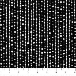 May include: Black and white fabric with a repeating pattern of small circles arranged in vertical lines.