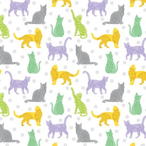May include: A repeating pattern of stylized cats in various poses and colors, including yellow, green, purple, and gray. The cats are decorated with floral patterns and set against a white background with small, gray floral accents. This design is suitable for fabric or wallpaper.