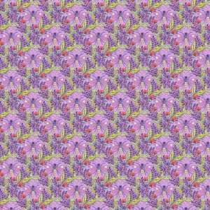 May include: A repeating pattern featuring stylized butterflies, leaves, and flowers in shades of purple, pink, red, and green. The design has a symmetrical layout, creating a visually appealing and intricate floral and insect motif.