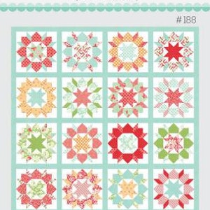 May include: A quilt pattern called "Swoon Sixteen" by Thimble Blossoms, featuring 16 colorful blocks with a starburst design. The pattern is numbered #188.