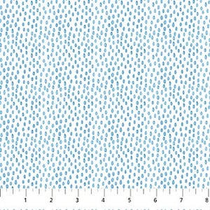 May include: White fabric with a blue polka dot pattern. The dots are small and evenly spaced.