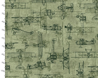 First in Flight by Michael Moon for 3 Wishes Airplane Blueprint (22976-GRN) Sold by the Half Yard
