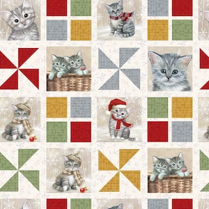 May include: A repeating pattern featuring adorable gray kittens in various poses, some wearing hats and scarves. The design includes squares of knitted textures in red, green, yellow, and gray, along with pinwheel and snowflake motifs.