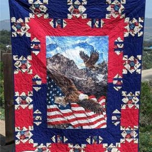 May include: A red, white, and blue patriotic quilt with a panel featuring an eagle and an American flag. The quilt is made up of squares with a swirling design. The quilt is titled "Panel Pizzazz" and is by "Swirly Girls".