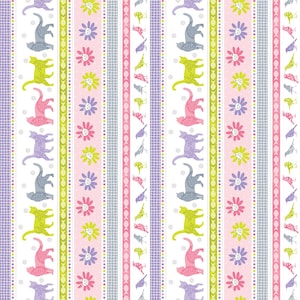 May include: A repeating pattern featuring vertical stripes with floral and animal motifs. The design includes stylized cats in various colors, flowers, and dotted lines, set against a white background. Colors include pink, green, purple, and gray.