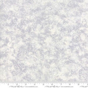 May include: White fabric with a light gray background and a repeating pattern of white swirls.