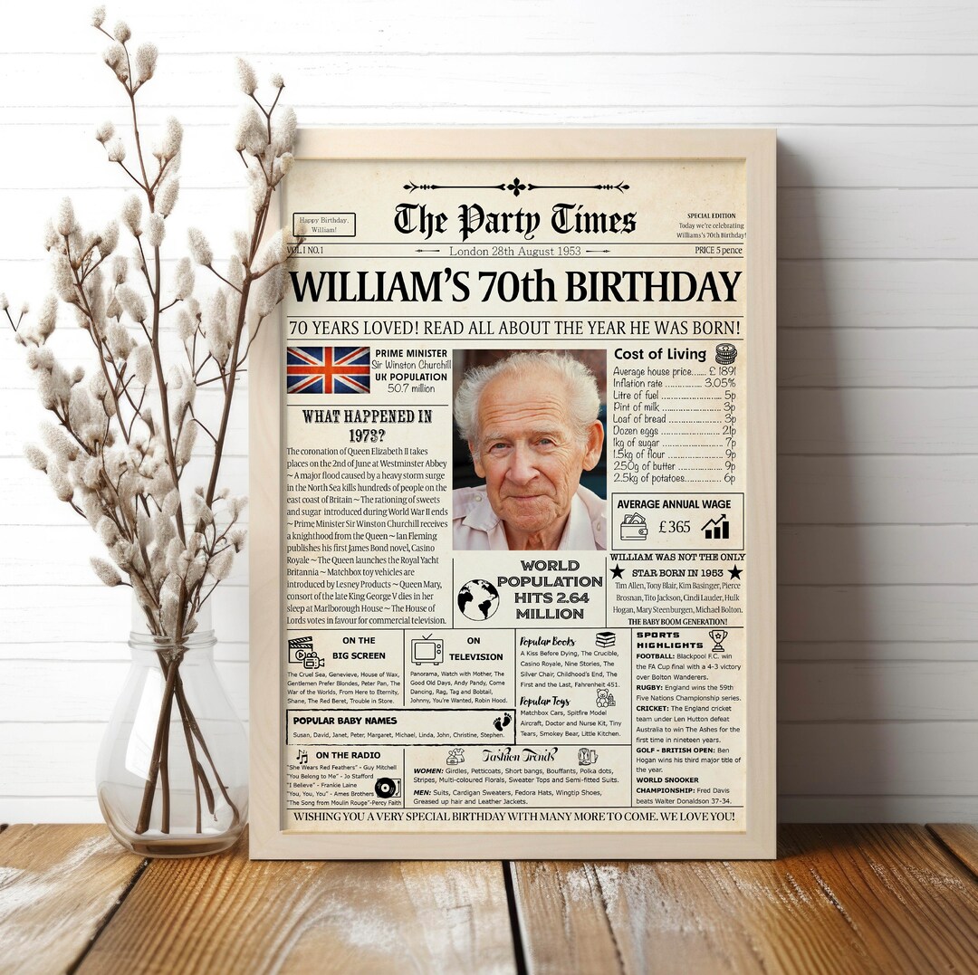 70th Birthday Newspaper Poster UK A4 Custom 70th Birthday - Etsy