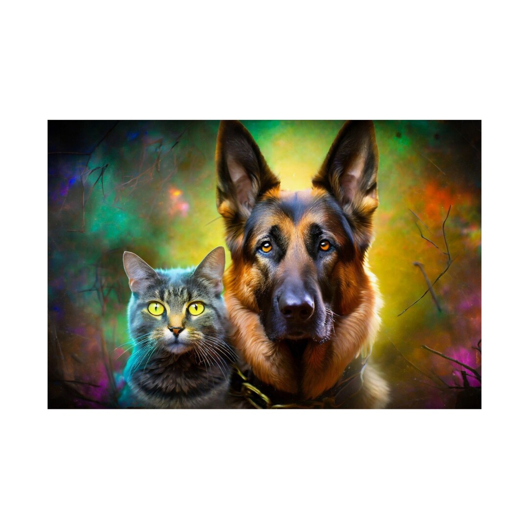 German Shepherd and Tabby Cat Colorful Illustration 1 Premium Matte