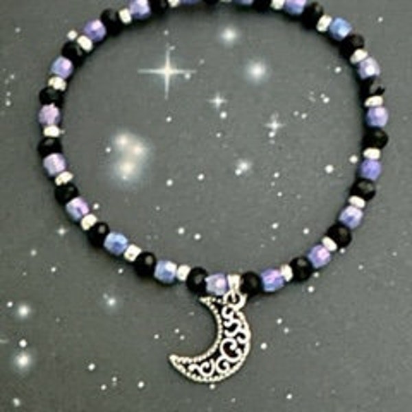 Midnights Themed Moon Bracelet with Charm and Silver, Black and Blue Beads!